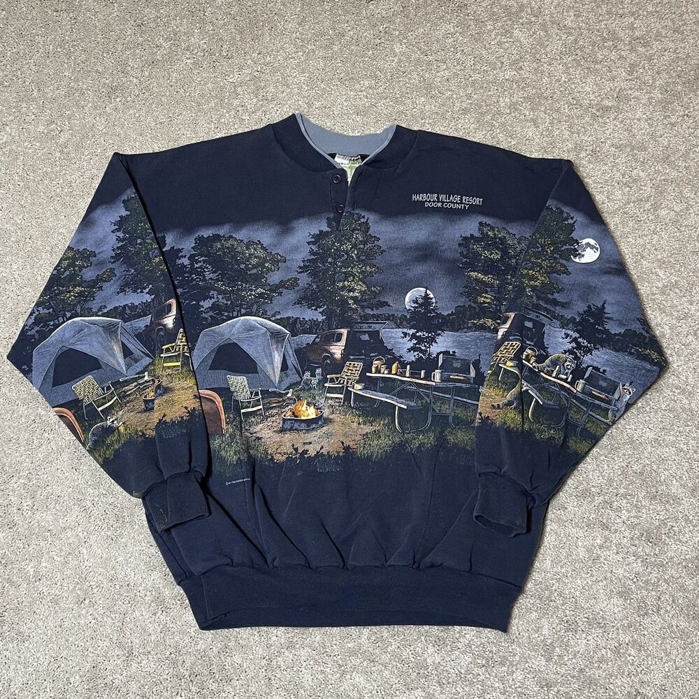 Vintage Art Unlimited All Over Print Camping Nature Henley Sweatshirt Size XL
